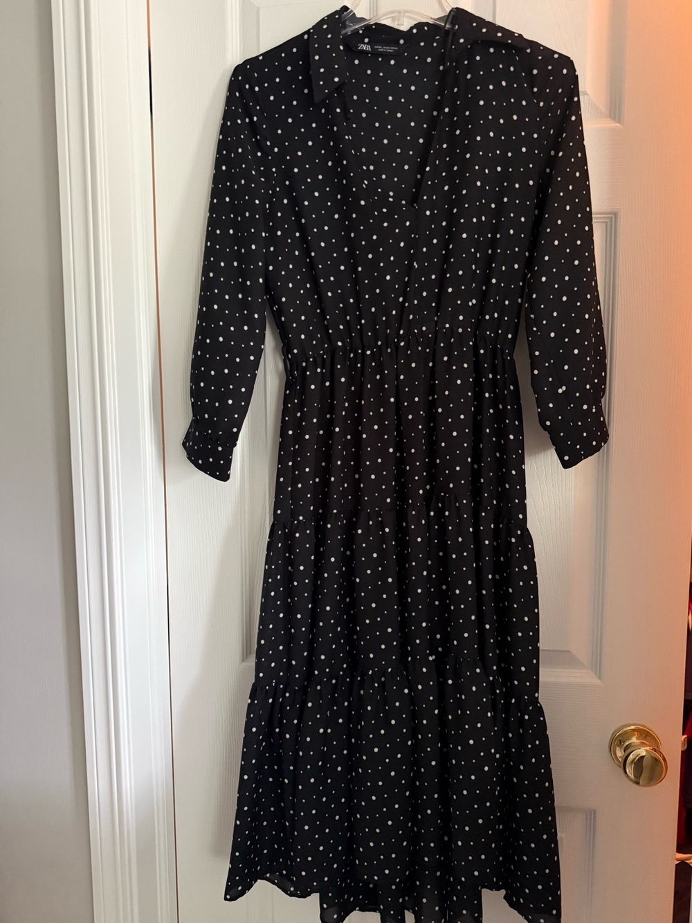 Zara Black Midi Dress with White Polka Dots - Long Sleeve